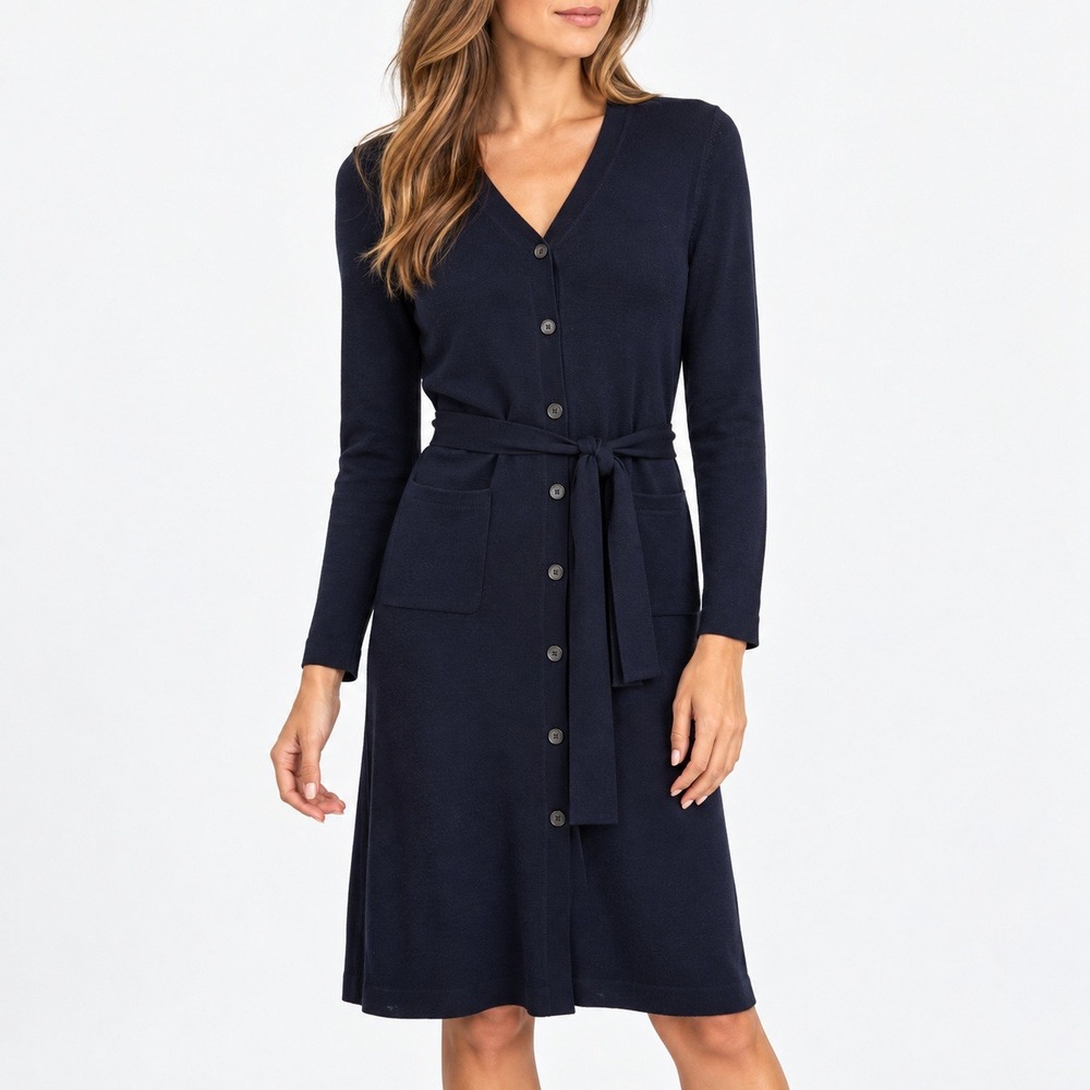 Faconnable Navy Blue Knit Button Front Tie Waist Cardigan Dress Small